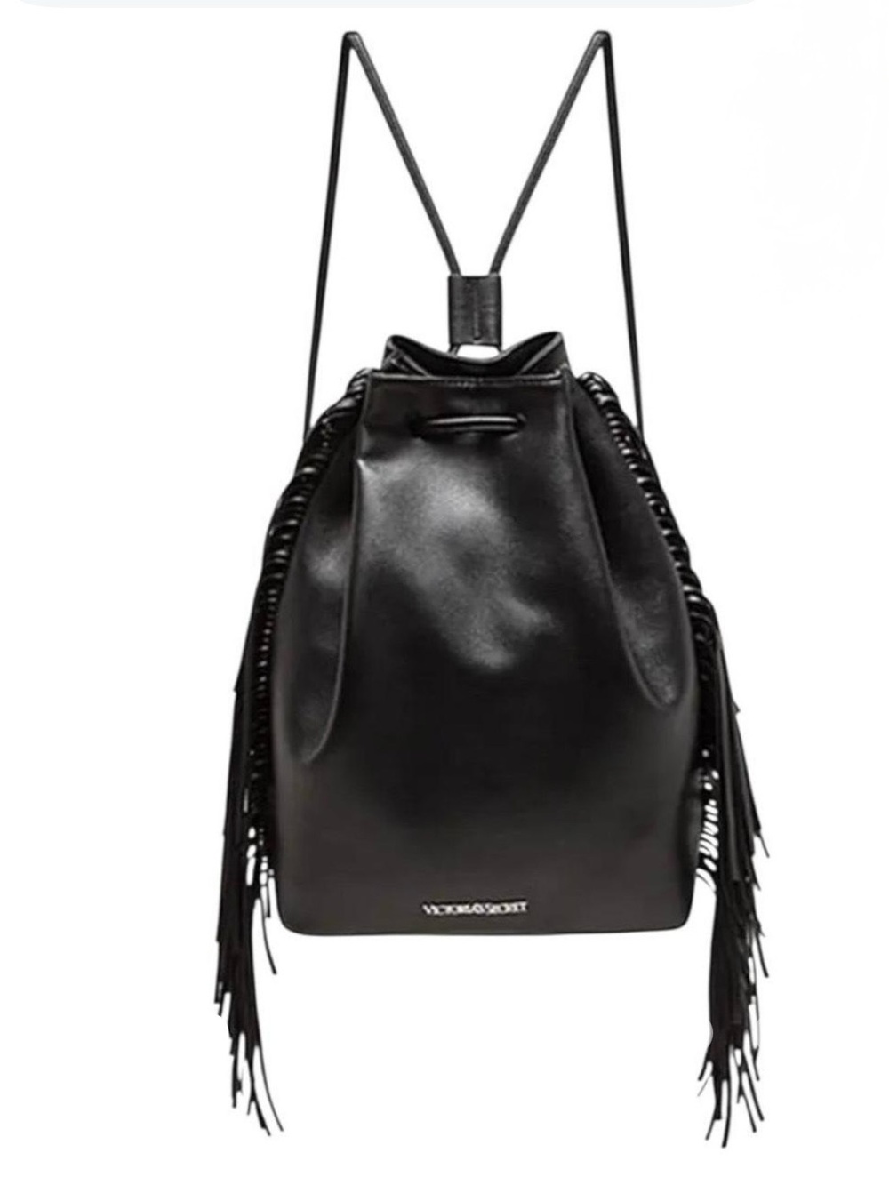Victoria's Secret Black Faux Leather Fringe Drawstring Boho Bag - Picture 2 of 16